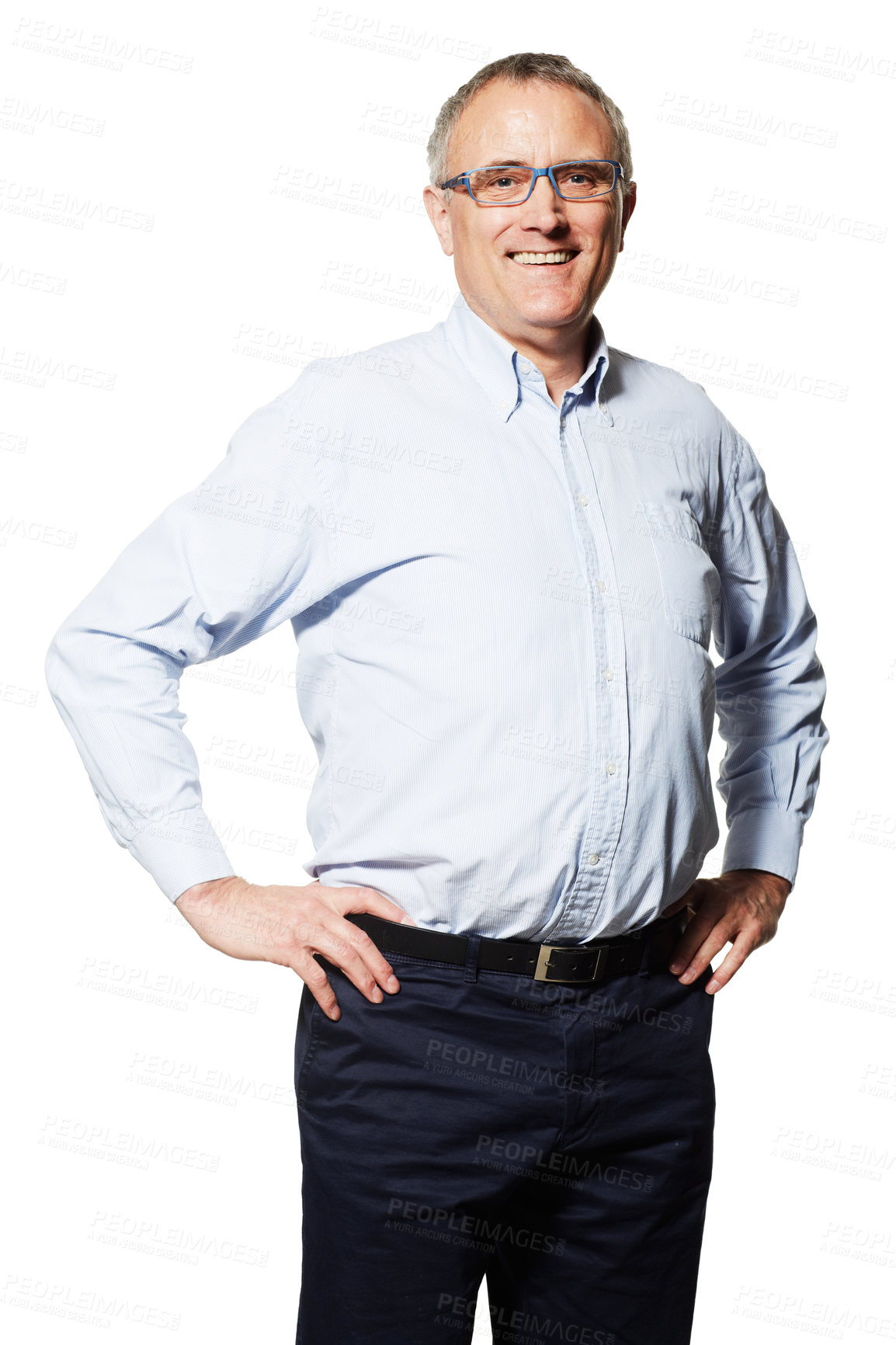 Buy stock photo Studio portrait of a mature man standing with his hands on his hips