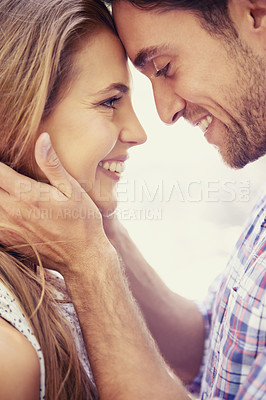 Buy stock photo Happy couple, bonding and forehead touch on love date, valentines day or romance in nature break, park or relax garden. Man, woman or face smile in intimate trust, security hug or thank you support