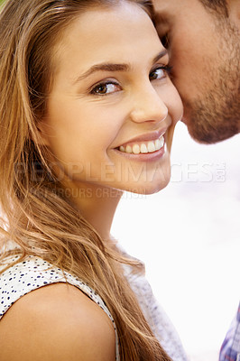Buy stock photo Happy couple, portrait or bonding hug in romance date, valentines day or love in park, backyard or relax garden. Zoom, face or man and woman smile in intimate embrace, cheek kiss or support security