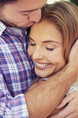 Buy stock photo Couple, kiss forehead and hug in park closeup for romantic valentines date, love and happy smile on face. Man, woman and outdoor embrace for dating, adventure together and bonding with care in nature