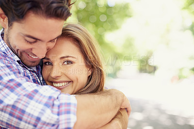 Buy stock photo Happy couple, portrait or love hug in garden, nature or backyard park on valentines day, romance date or summer bonding. Smile, woman or man in embrace, relax support or partnership profile picture