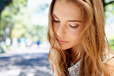 Buy stock photo Woman, face and outdoor in park with travel and nature, peace and content with mockup space and beauty. Dream, thinking and zen with mindfulness, young female in Boston with closeup and adventure