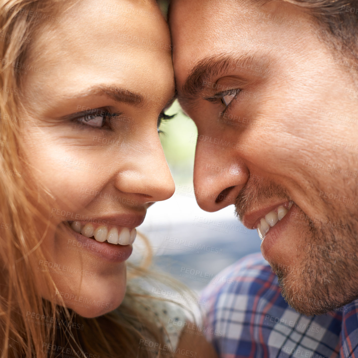 Buy stock photo Happy couple, face or forehead touch on love date, valentines day or romance in nature, park or relax garden bonding. Zoom, man or woman touching heads in smile trust, security or thank you support