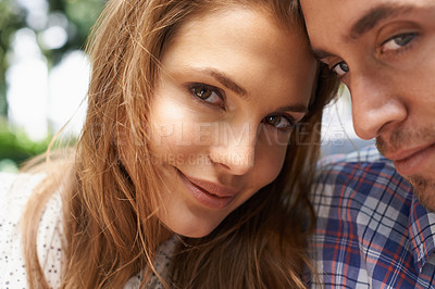 Buy stock photo Couple, portrait or bonding on valentines day, romance date or love break in nature park, garden or relax backyard. Zoom, happy or man face and woman in trust, security or support for profile picture