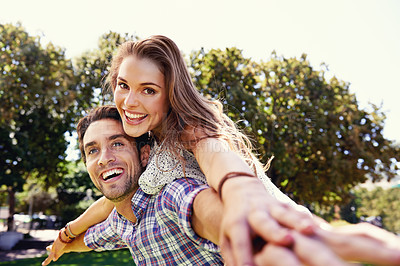 Buy stock photo Happy couple, portrait or airplane piggyback in nature park bonding on valentines day, garden date or romance love. Smile, man or carrying woman in aeroplane trust, fun game or freedom energy support
