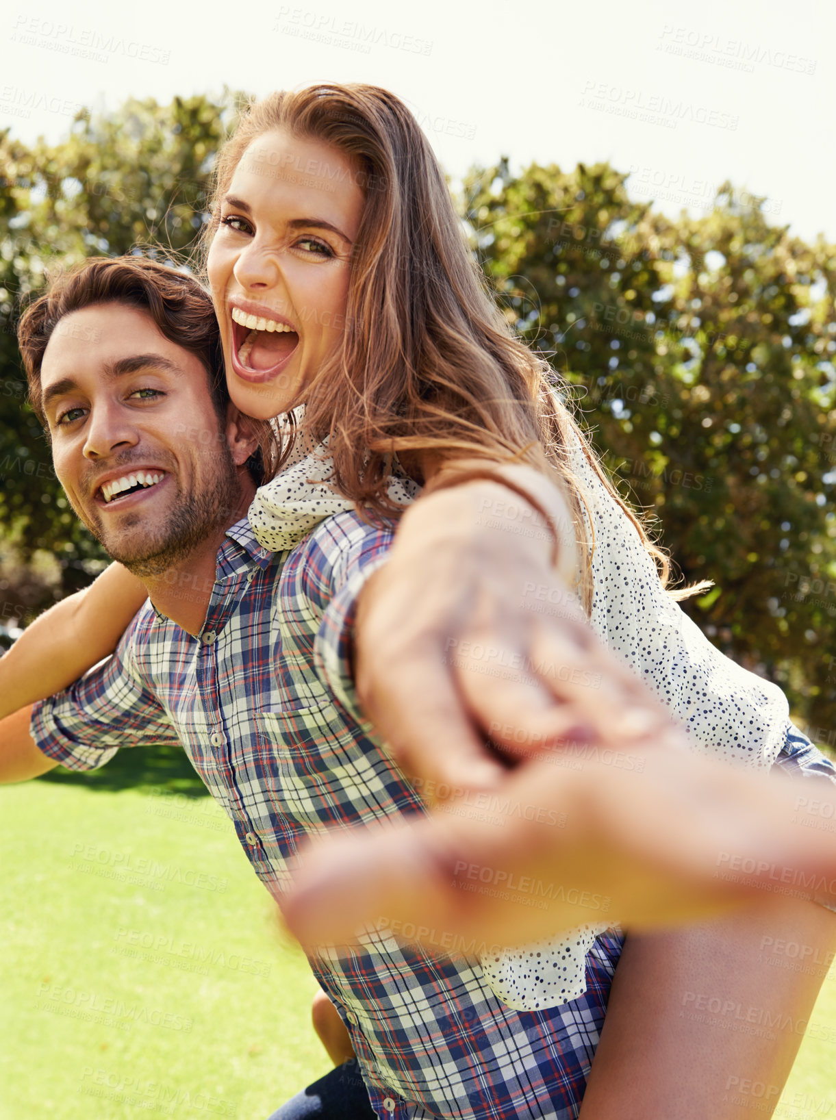 Buy stock photo Laughing couple, portrait and airplane piggyback in nature park bonding on valentines day, garden date or romance love. Smile, happy man and carrying woman in aeroplane, funny game and freedom energy