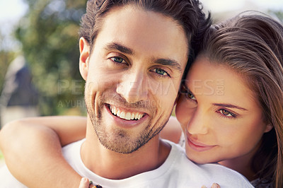 Buy stock photo Happy couple, hug or face portrait on love date, valentines day or nature park romance in relax garden bonding. Zoom, smile or embrace for woman and man in care trust, security and honeymoon support 