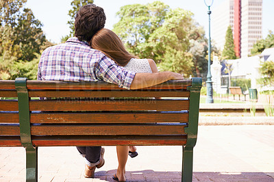 Buy stock photo Couple, back or bonding on love bench in nature park or city garden on valentines day, romance date or marriage anniversary. Man, woman or hug on outdoor seat, public chair or relax wooden furniture