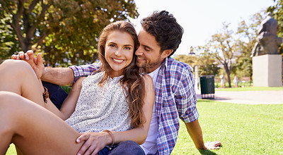 Buy stock photo Couple, portrait or bonding on picnic date, valentines day or love break in nature park, garden or backyard romance. Smile, happy or man and woman in relax trust, security or support on green grass
