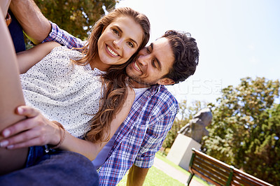 Buy stock photo Couple portrait, love or date on grass, nature park or garden on valentines day, romance hug or anniversary bonding. Smile, happy woman or embrace man in relax environment, care or partnership picnic
