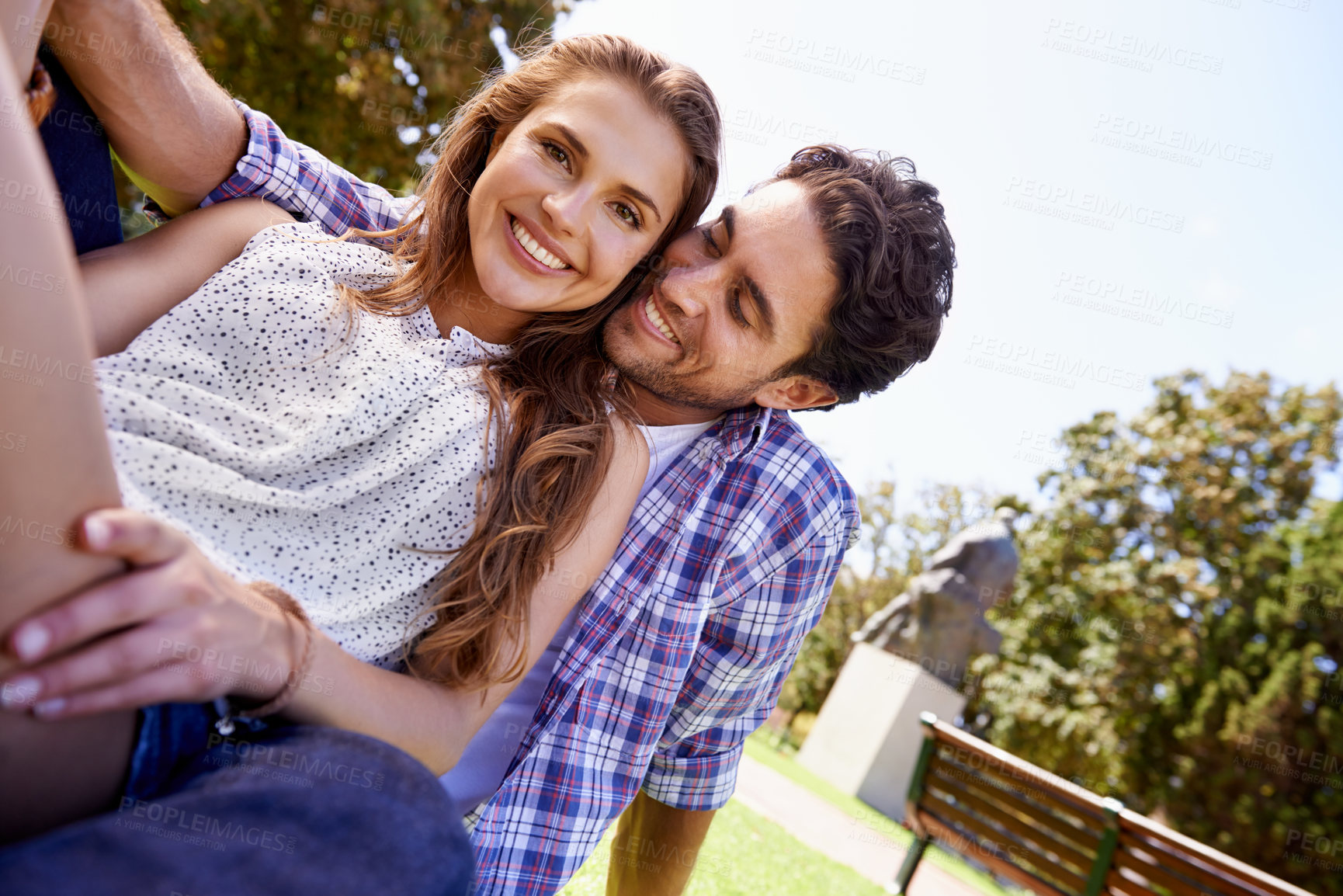 Buy stock photo Couple portrait, love or date on grass, nature park or garden on valentines day, romance hug or anniversary bonding. Smile, happy woman or embrace man in relax environment, care or partnership picnic