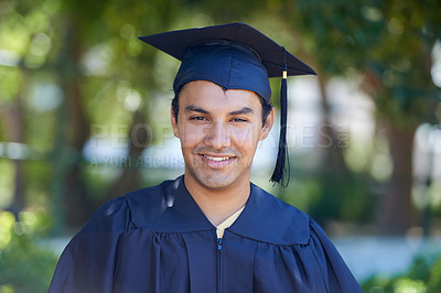 Buy stock photo Graduation, portrait and man with smile to celebrate success, education and college scholarship outdoor. Happy university graduate, certified student and pride for achievement of award for knowledge