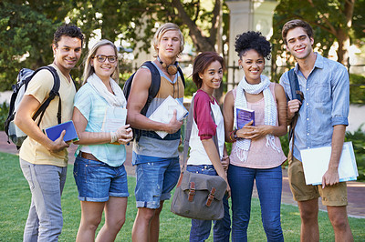 Buy stock photo Portrait, education and campus friends at park for studying, learning and happy group together. Diversity, gen z and university students at college outdoor for knowledge, scholarship and community 