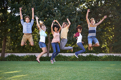 Buy stock photo Group, friends and portrait or park jump for fun connection, summer outdoor or happy. Man, woman and university students or celebration leap in nature for study achievement, college unity or sunshine