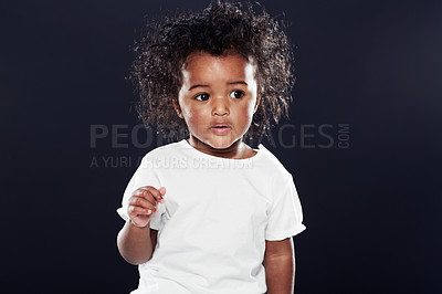 Buy stock photo Cute, girl and kid with ideas, thinking and contemplating on a dark studio background. Model, mockup space and child development with wonder and thoughts with emoji and curious with expression