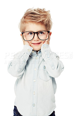 Buy stock photo Cute, thinking and a little boy with glasses and a smile isolated on a white background. Happy, idea and a kindergarten child with student eyewear for intelligence and fashion on a studio backdrop