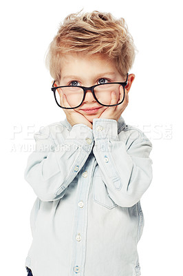 Buy stock photo Child, boy and frame for glasses or eyecare in studio, lenses and vision health for eyesight. Male person, kid and optometry or assessment for eye wellness, fashion spectacles and white background