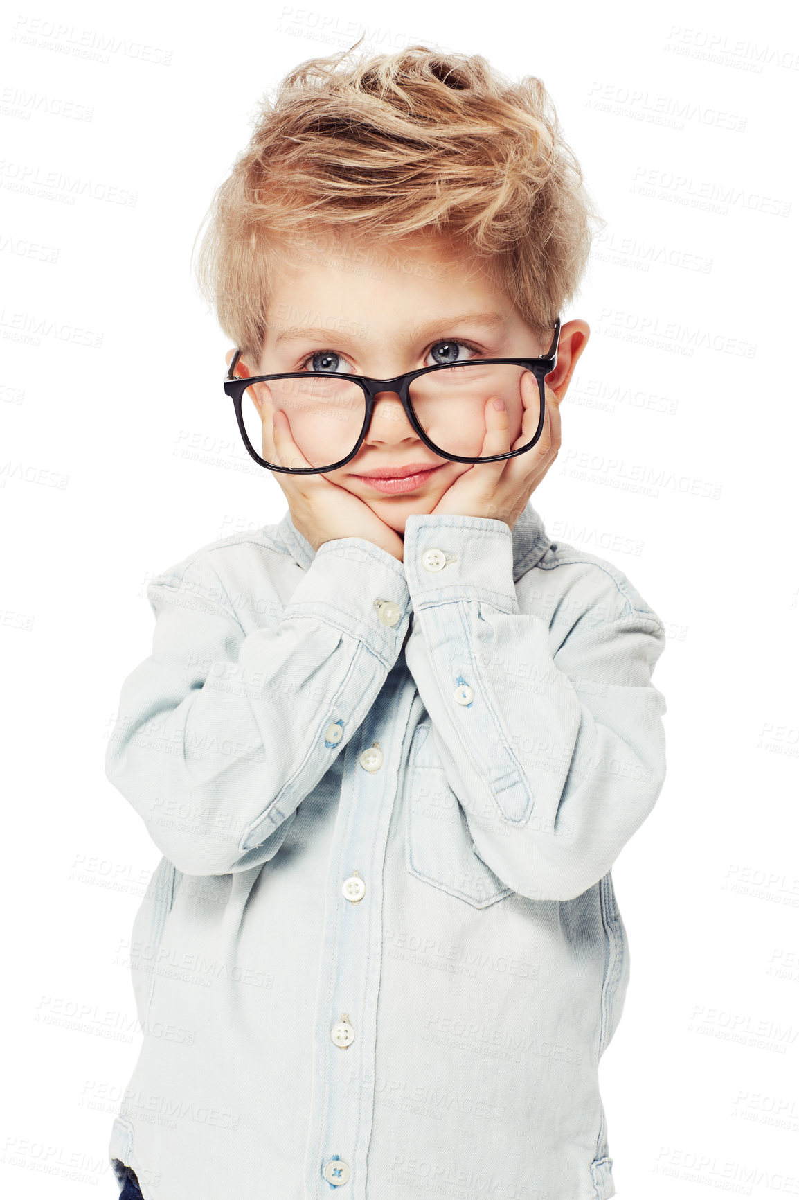 Buy stock photo Child, boy and frame for glasses or eyecare in studio, lenses and vision health for eyesight. Male person, kid and optometry or assessment for eye wellness, fashion spectacles and white background