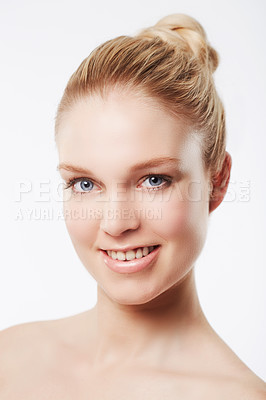 Buy stock photo Portrait of happy model, face or skincare for wellness with cosmetics, aesthetic or healthy glow. Dermatology, studio or confident woman with pride, smile or smooth beauty results on white background