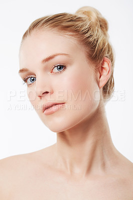 Buy stock photo Portrait of a beautiful woman against a white background