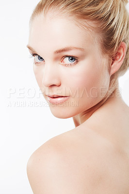 Buy stock photo Portrait of woman, shoulder or skincare for wellness with cosmetics, aesthetic or healthy glow. Facial dermatology, studio or confident model with pride or natural beauty results on white background 