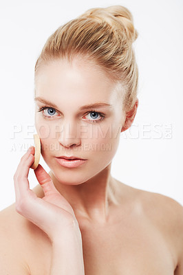 Buy stock photo Cotton pad, skincare or portrait of a woman in studio for cleaning, beauty or dermatology treatment. White background, face or confident model with pad for facial, toner and cosmetics with foundation