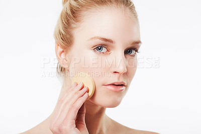 Buy stock photo Cotton pad, skincare or portrait of a model in studio for cleaning, beauty or dermatology treatment. White background, face or confident woman with pad for facial, toner and cosmetics with foundation