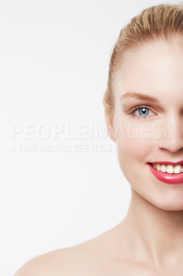 Buy stock photo Portrait, skincare and happy woman in red lipstick, makeup and cosmetics in studio isolated on a white background. Face, model and beauty in spa facial treatment for wellness, healthy glow and mockup
