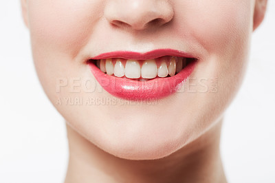 Buy stock photo Mouth, teeth and woman with red lipstick, cosmetics or dental for wellness with smile isolated on white background. Lips, makeup and beauty with veneers, oral health and cropped closeup in studio