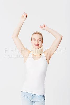 Buy stock photo Happy, neck brace and portrait of a woman with freedom isolated on a white background. Smile, excited and girl with arms up for accident insurance, healthcare and medical attention with whiplash