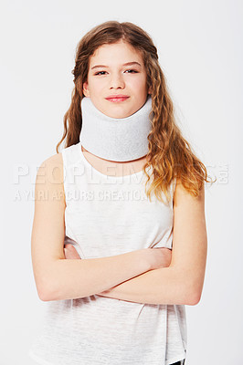 Buy stock photo Portrait, woman or neck brace from accident, injury or recovery with girl isolated on white studio background. Face, female arms crossed or lady with medical collar, healthcare or support on backdrop