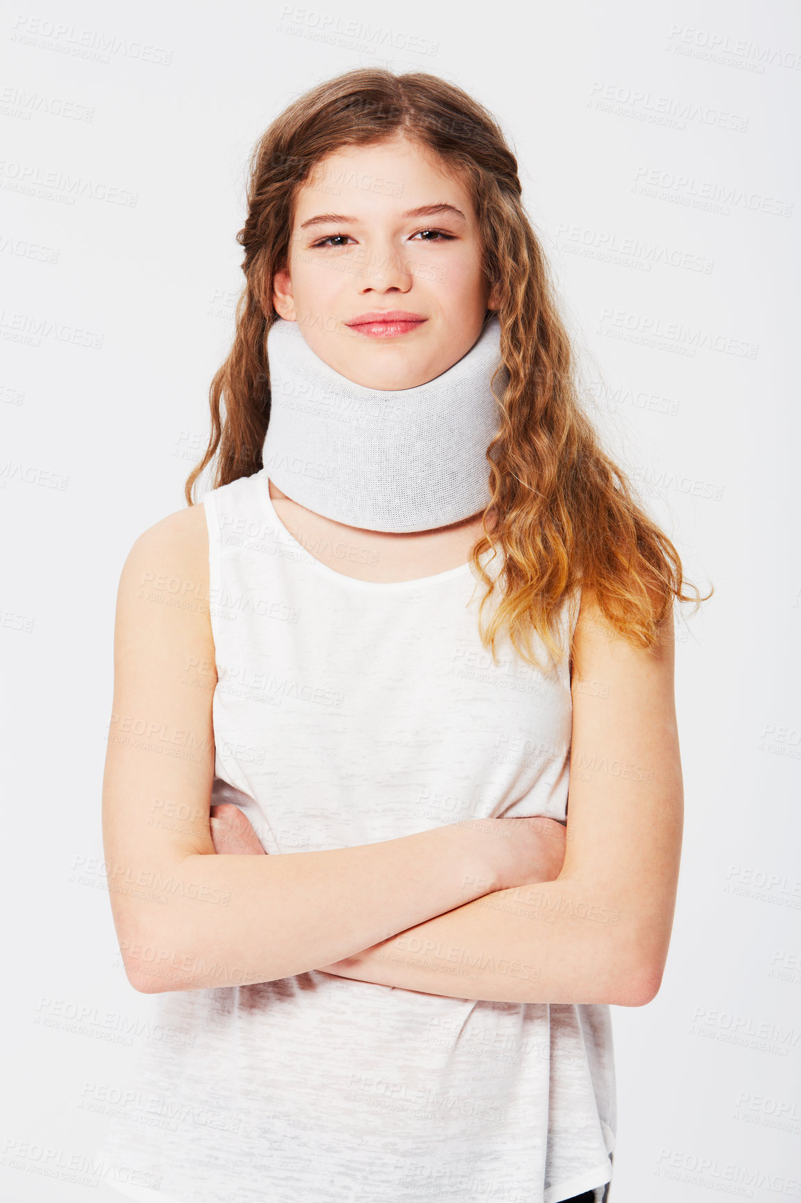 Buy stock photo Portrait, woman or neck brace from accident, injury or recovery with girl isolated on white studio background. Face, female arms crossed or lady with medical collar, healthcare or support on backdrop