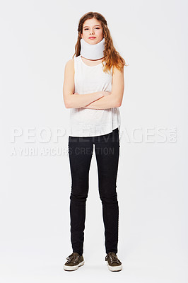 Buy stock photo Portrait, woman and neck brace for healthcare, injury and girl isolated on white studio background. Face, female arms crossed and lady with medical collar, confident and accident with strain and pain