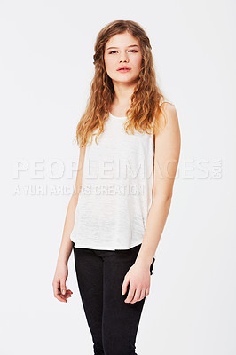 Buy stock photo Fashion, beauty and portrait of a woman in studio with a casual, stylish and trendy outfit. Confident, young and beautiful female model with style, cool and edgy clothes isolated by white background.