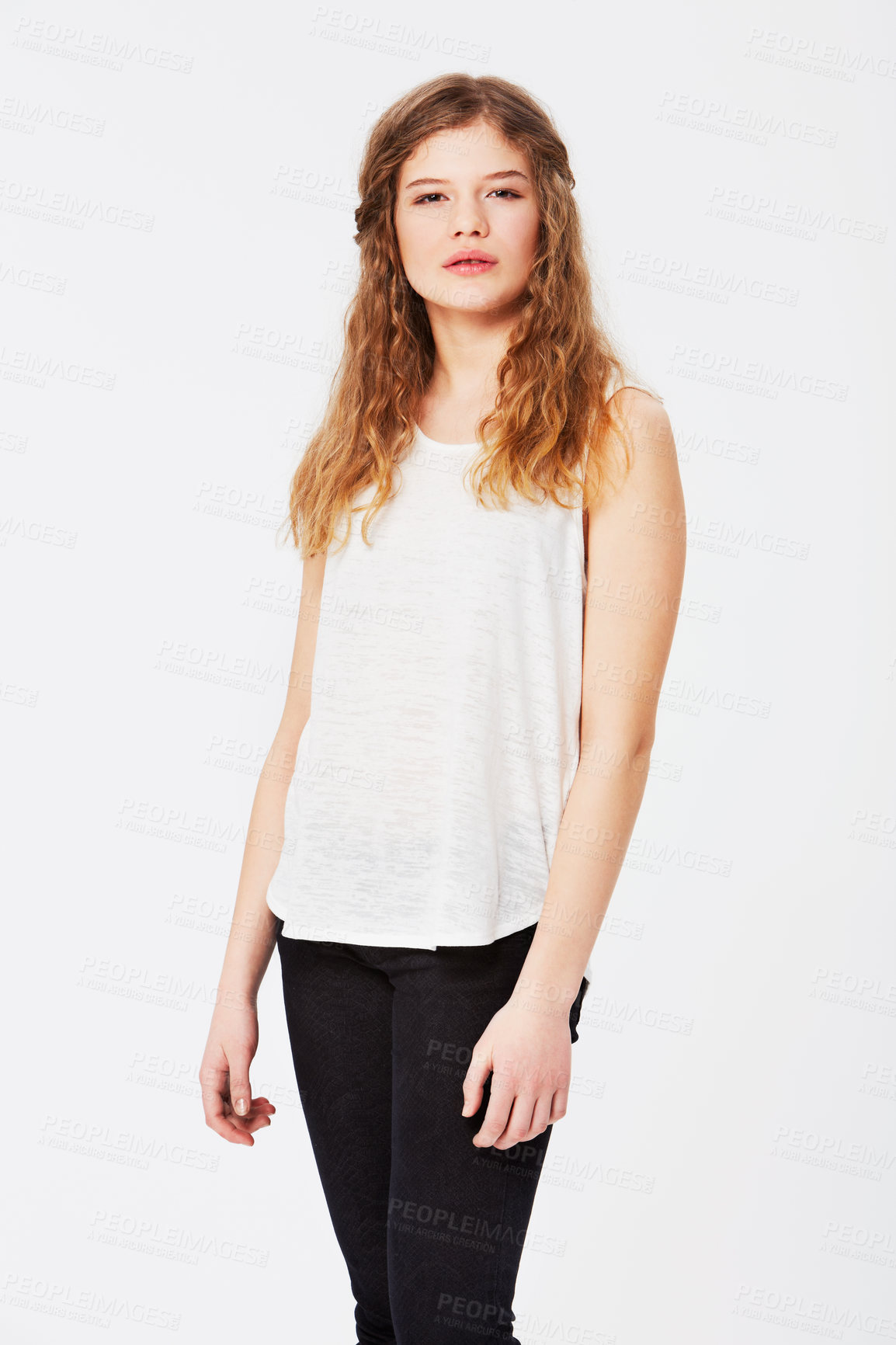 Buy stock photo Fashion, beauty and portrait of a woman in studio with a casual, stylish and trendy outfit. Confident, young and beautiful female model with style, cool and edgy clothes isolated by white background.