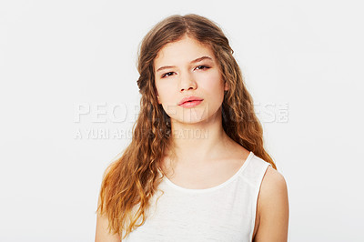Buy stock photo Face portrait, beauty and skincare of woman in studio isolated on a white background. Makeup, cosmetics and young and beautiful female model with glowing and flawless skin after spa facial treatment.
