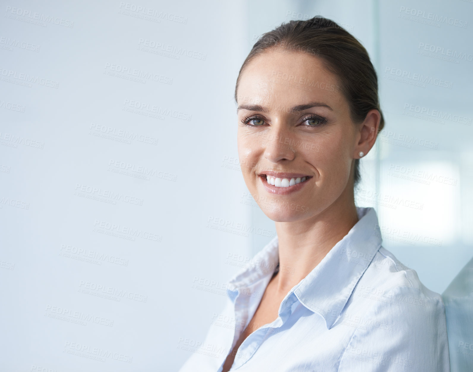 Buy stock photo Businesswoman, smile and portrait in office for career, corporate and mockup space. Professional female person, face and happy at occupation for new job, opportunity and ambition at workplace