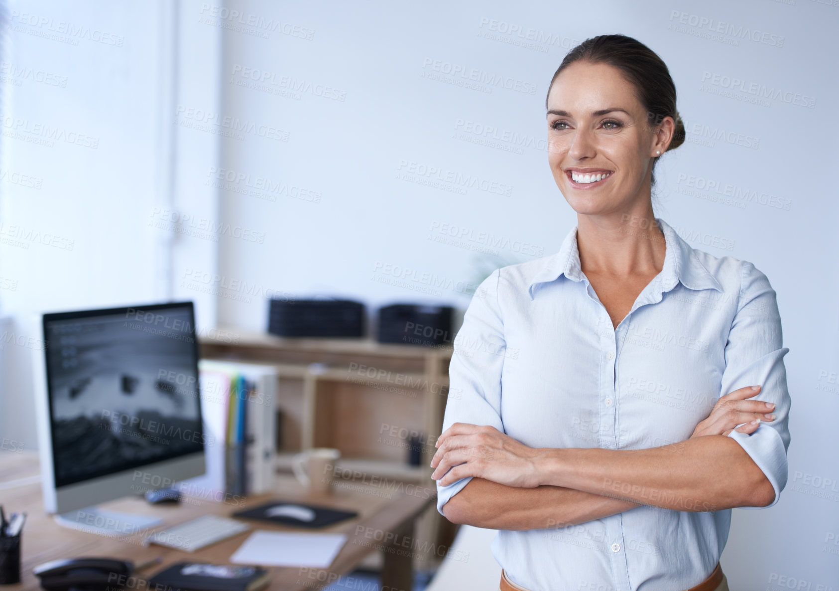 Buy stock photo Happy business woman in with arms crossed, confidence and job in accounting startup. Financial advisor, professional female accountant or finance project manager at desk with smile on face in office