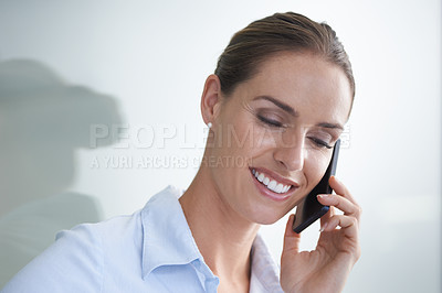 Buy stock photo Phone call, businesswoman and face or happy with communication, discussion and networking at company. Entrepreneur, person and smartphone or mock up space with smile, conversation or advice at office