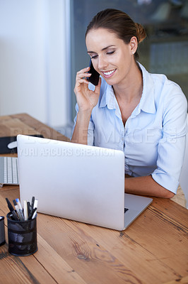 Buy stock photo Phone call, business woman and laptop for networking, planning and communication. Happy female worker, smartphone and mobile consulting at computer for connection, digital contact and administration