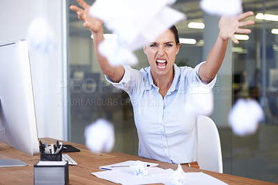 Buy stock photo Angry, business portrait and woman throw documents over accounting mistake, audit disaster or bad financial results. Tax compliance, facial expression and accountant frustrated with economy crisis