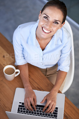 Buy stock photo Portrait, happy woman and coffee with laptop in office for planning online research at desk from above. Employee, smile or typing email on computer for digital business administration with cup of tea