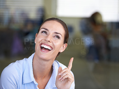 Buy stock photo Thinking, face and happy woman with business idea, hand gesture and excited for company development, plan and solution. Wow, facial expression and office person with eureka emoji icon for conclusion
