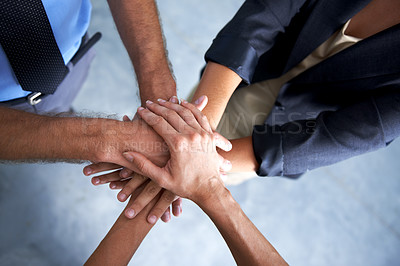 Buy stock photo Top view, hands and team building of business people for support, solidarity and winner of success, target and trust. Hand, stack and group collaboration in mission, winning partnership or commitment