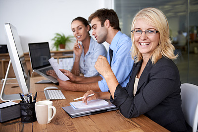 Buy stock photo Portrait of happy woman in coworking space, workshop for planning and strategy in market research office. Team leader, professional business people and project manager at desk with smile on face.