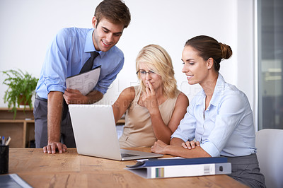 Buy stock photo Business people, teamwork and planning on laptop in office for online project, research and decision making. Group of employees, computer and collaboration to review information, strategy or analysis