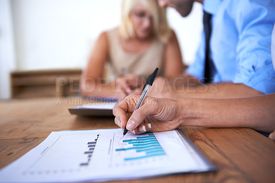 Buy stock photo Business hands, documents and writing with data analysis, graphs and charts for financial report and budget in office meeting. People with paperwork, revenue and statistics for profit or sales 