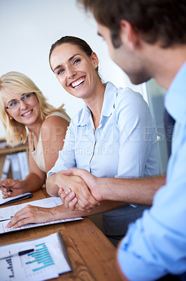 Buy stock photo Happy woman, business and handshake for promotion, meeting and thank you for networking negotiation. Partnership, collaboration and team shaking hands for praise, sales agreement and congratulations