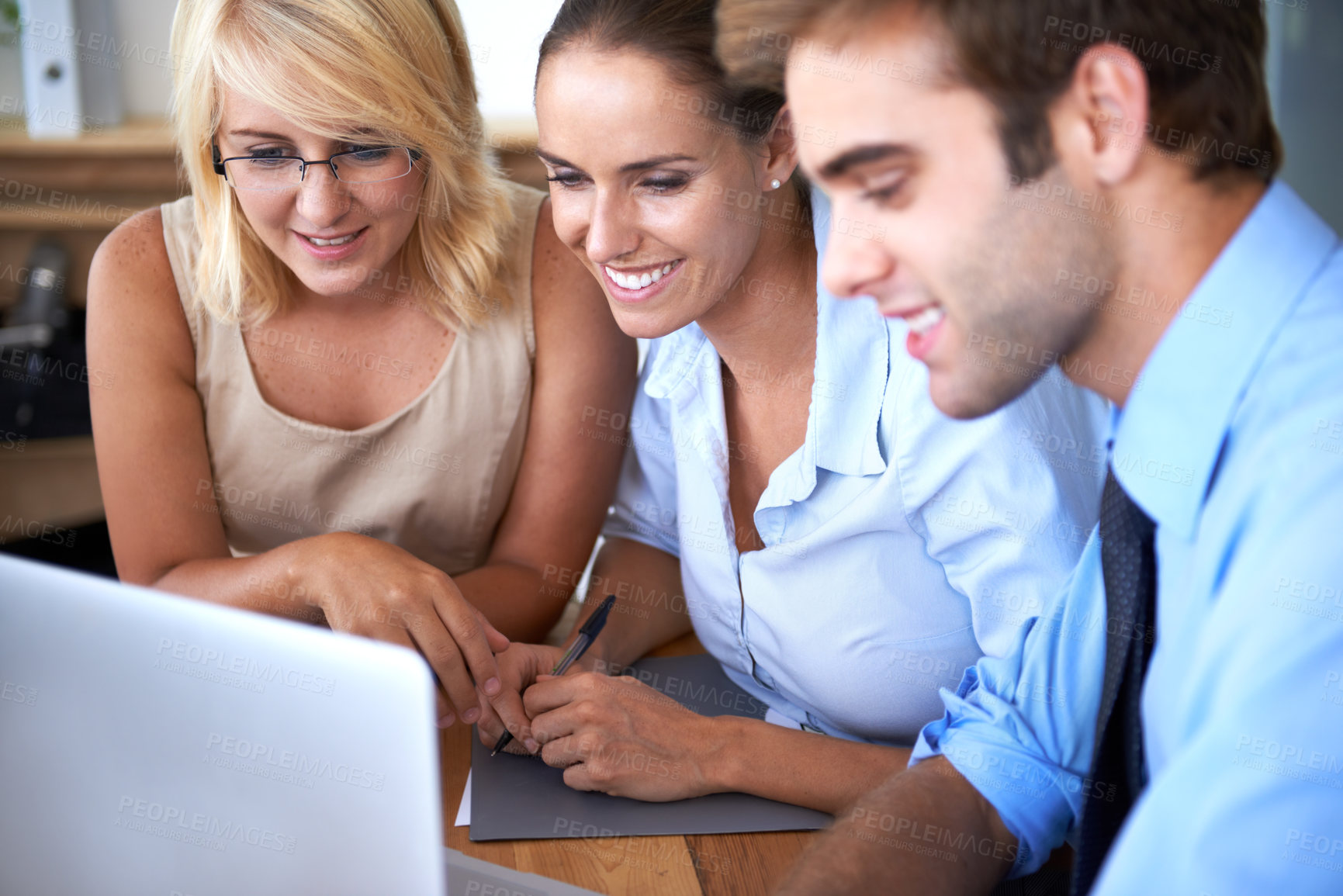 Buy stock photo Happy business people, laptop and planning collaboration for teamwork, online meeting and internet research in office. Group, employees and working on computer for digital project management at desk 