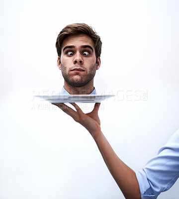 Buy stock photo Head, plate and face of business man punishment for company mistake, corporate crisis or agency fail. Studio dish, decapitation and hand serving professional agent after disaster on white background